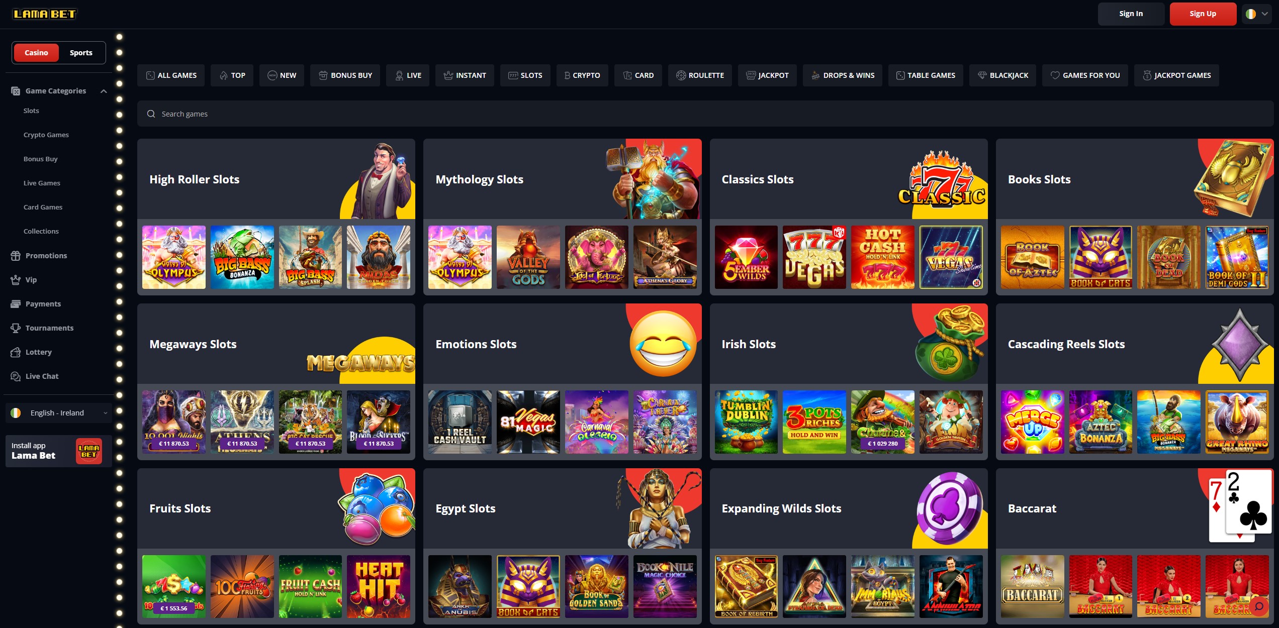 Selezione di slot machine e giochi da casinò su LamaBet